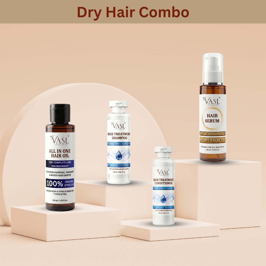 Dry hair combo with All in one hair oil, Hair Treatment shampoo and conditioner, Hair serum