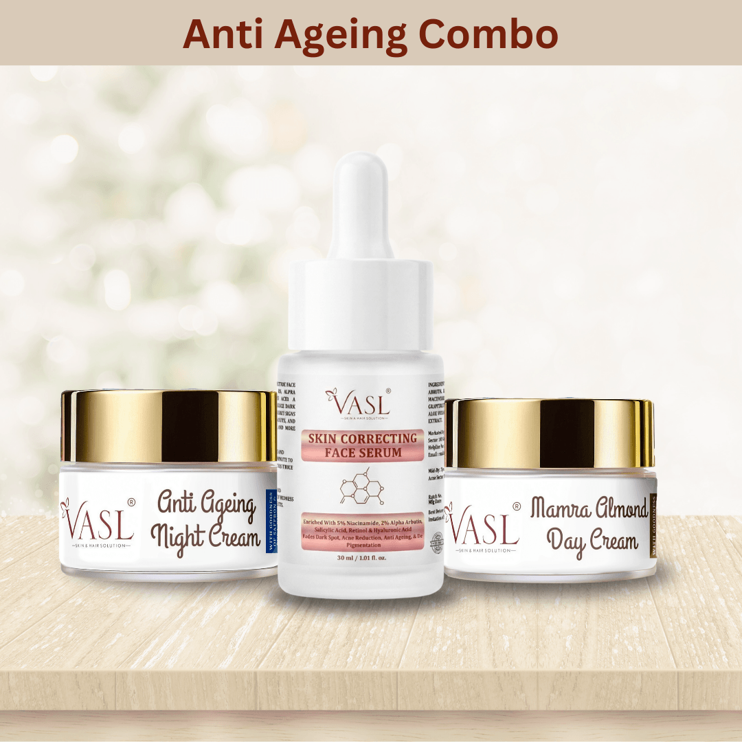 Vasl Anti Ageing combo with anti ageing night cream, skin correcting serum, mamra almond day cream