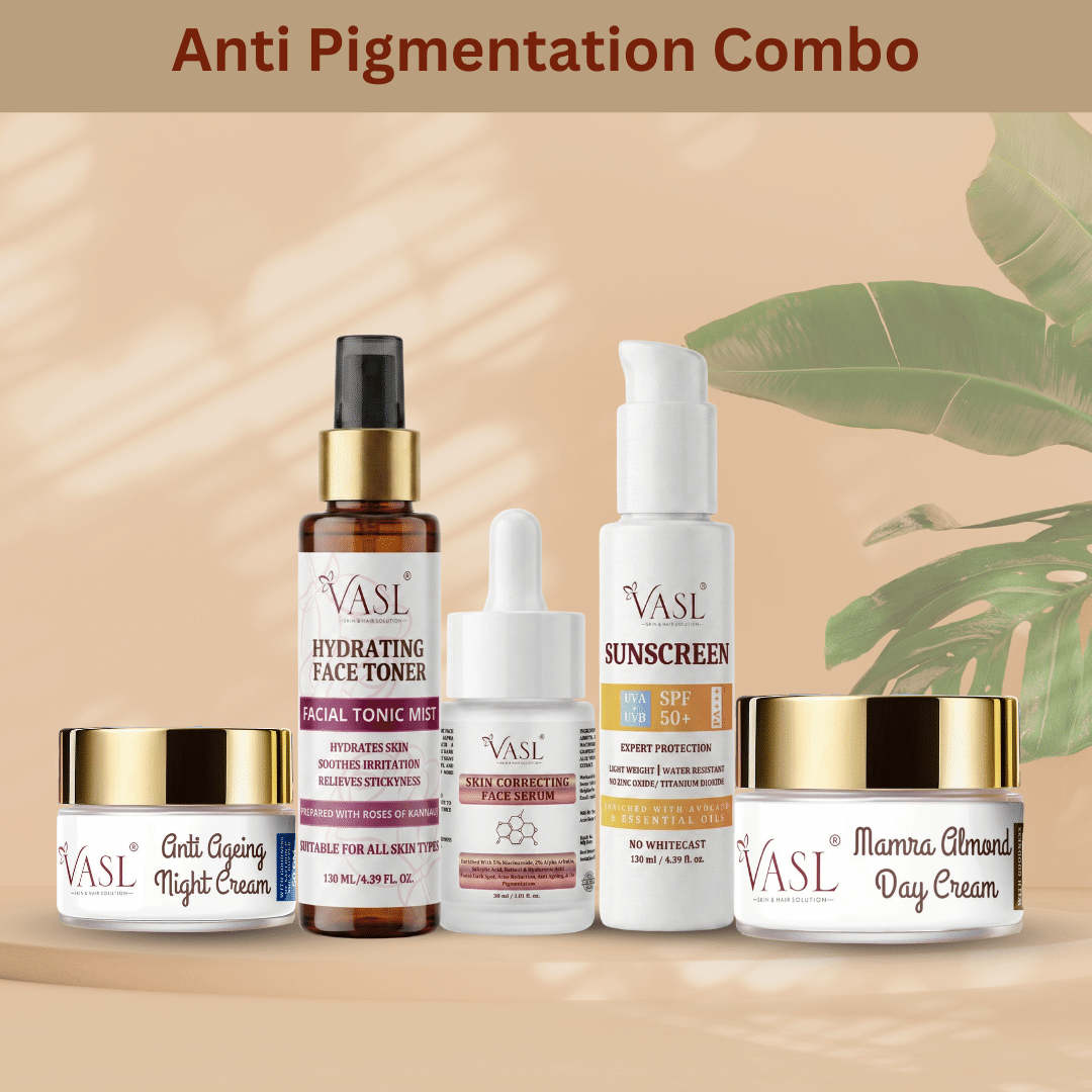 Anti Pigmentation Combo - Anti ageing night cream, Mamra almond day cream, skin correcting serum, Hydrating face toner and sunscreen