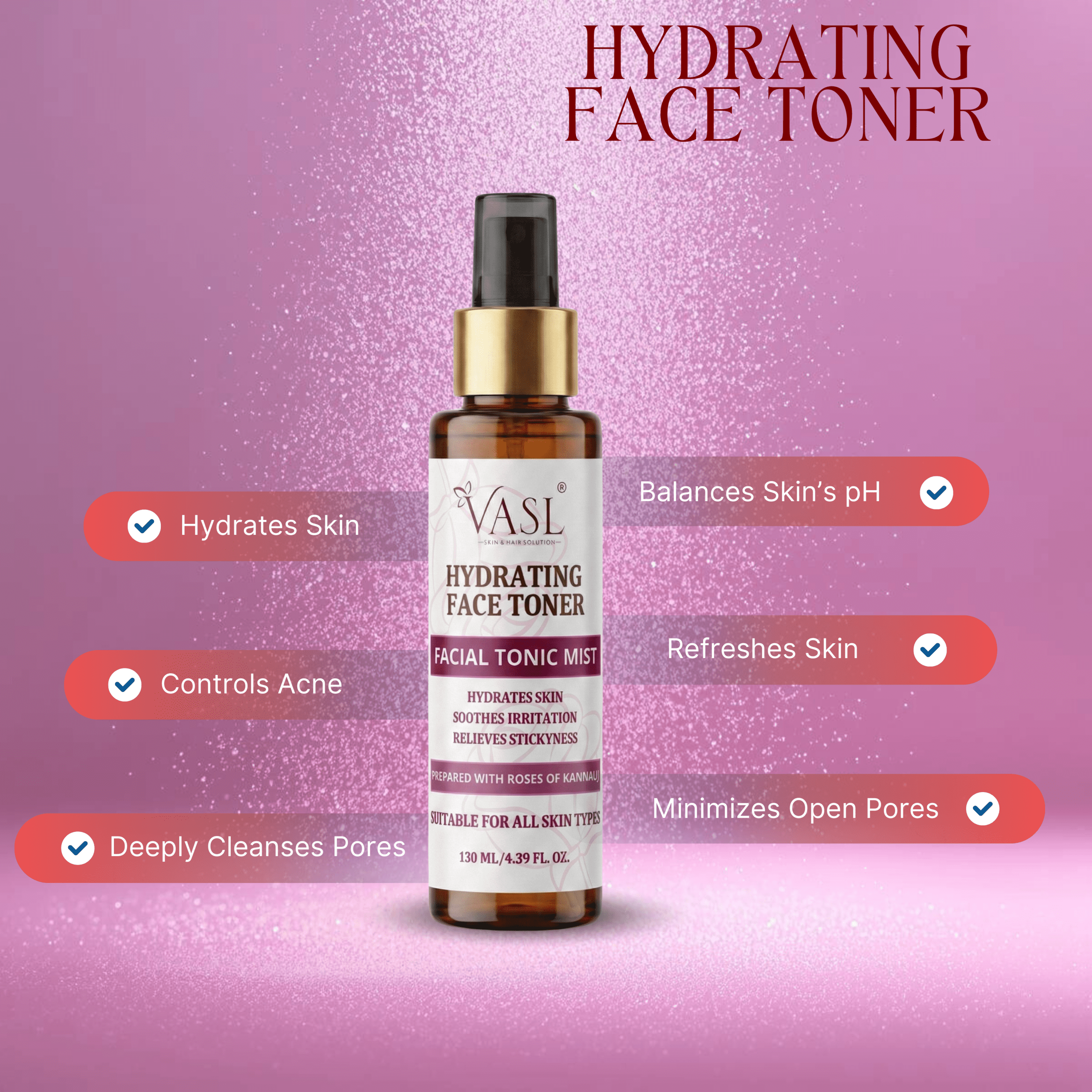 Hydrating Rose Facial Mist for Glowing Skin & Pore Tightening - 130 ml | Vasl - Image 2