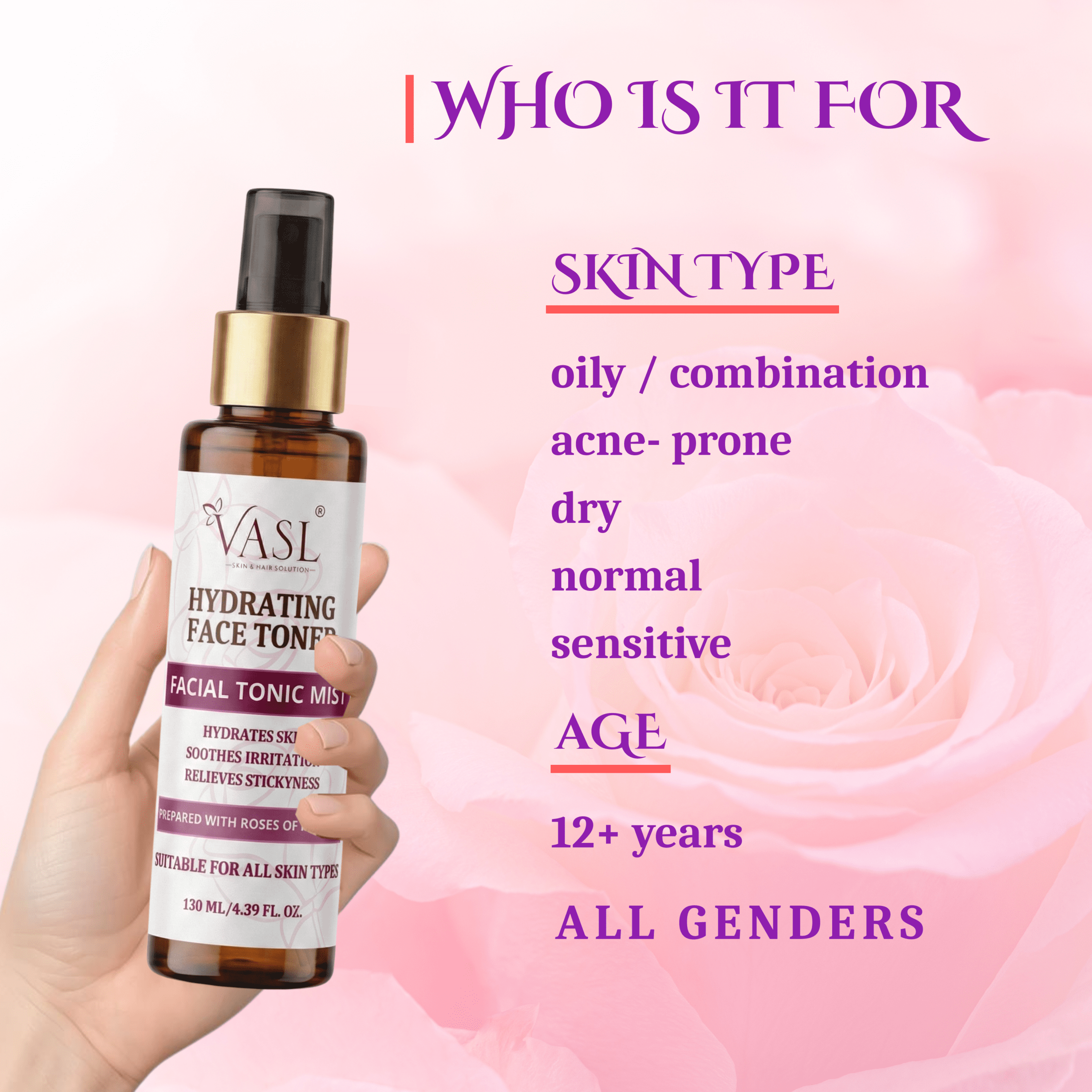 Hydrating Rose Facial Mist for Glowing Skin & Pore Tightening - 130 ml | Vasl - Image 3