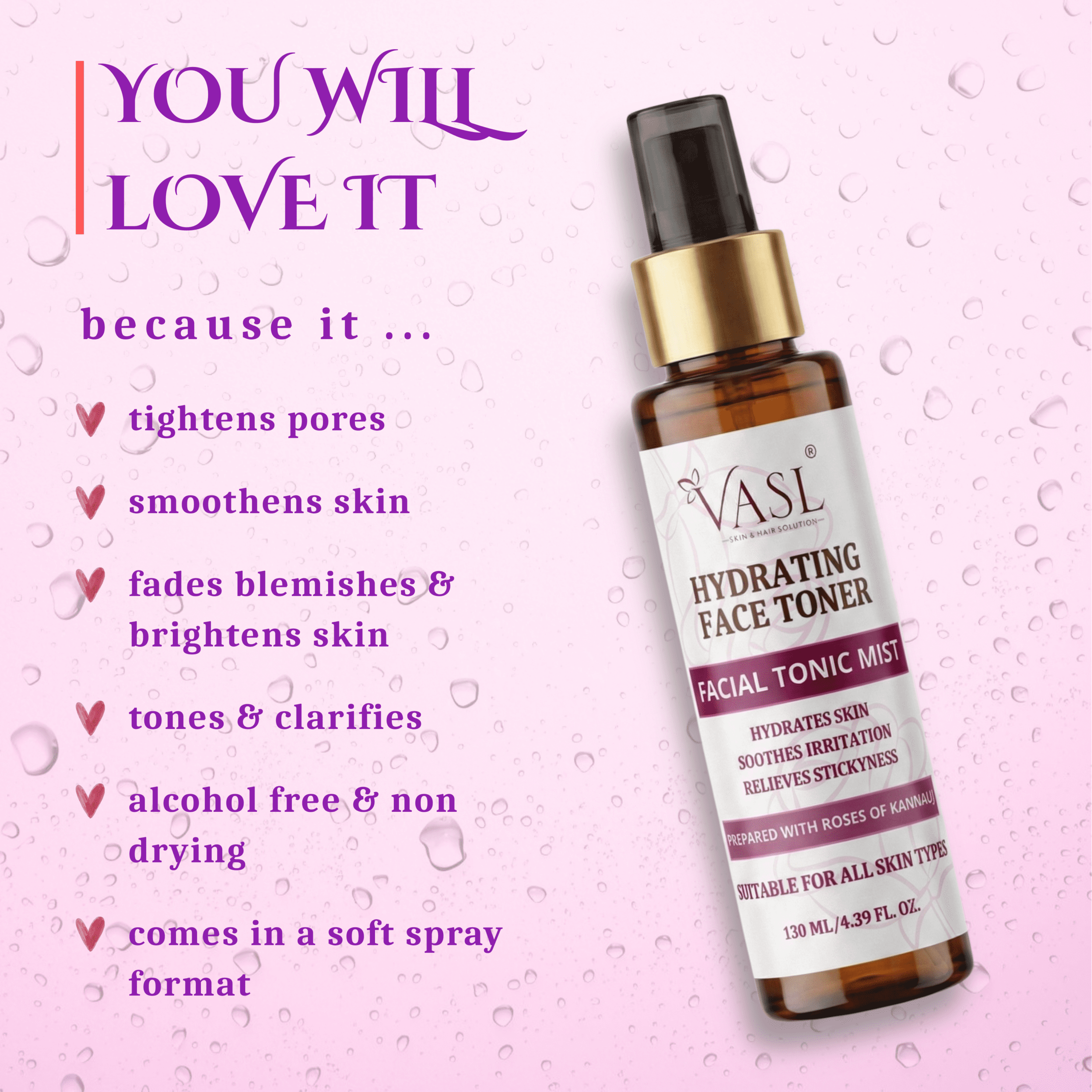 Hydrating Rose Facial Mist for Glowing Skin & Pore Tightening - 130 ml | Vasl - Image 5