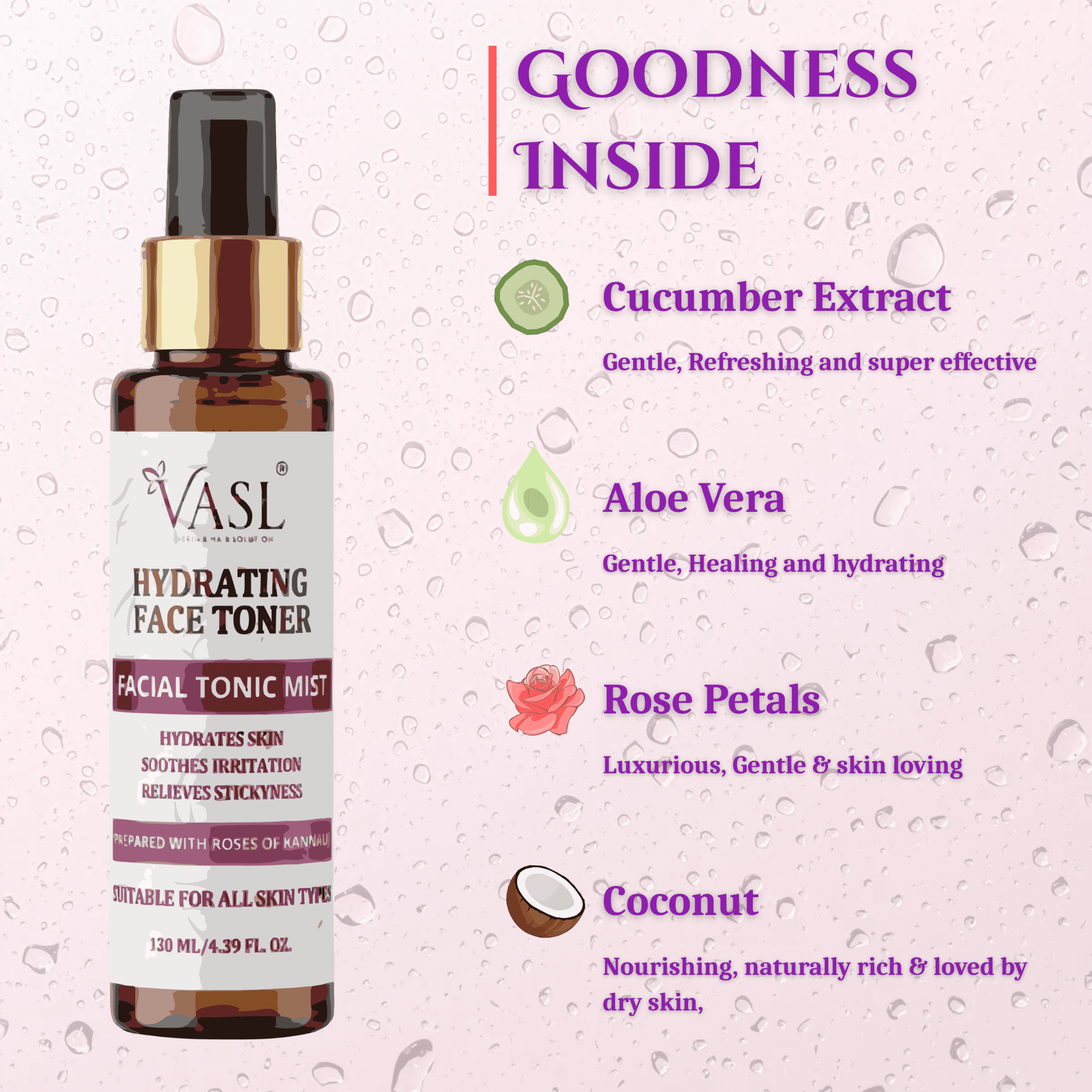 Hydrating Rose Facial Mist for Glowing Skin & Pore Tightening - 130 ml | Vasl - Image 4