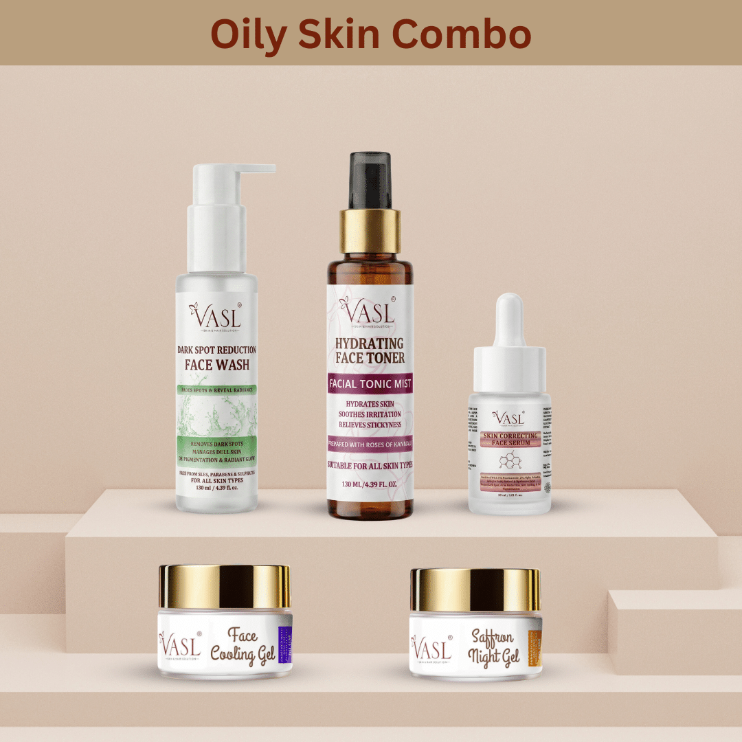 Oily Skin Combo with Dark spot reduction face wash, Hydrating face toner, Vitamin c serum, Mamra almond day cream, and Anti ageing night cream