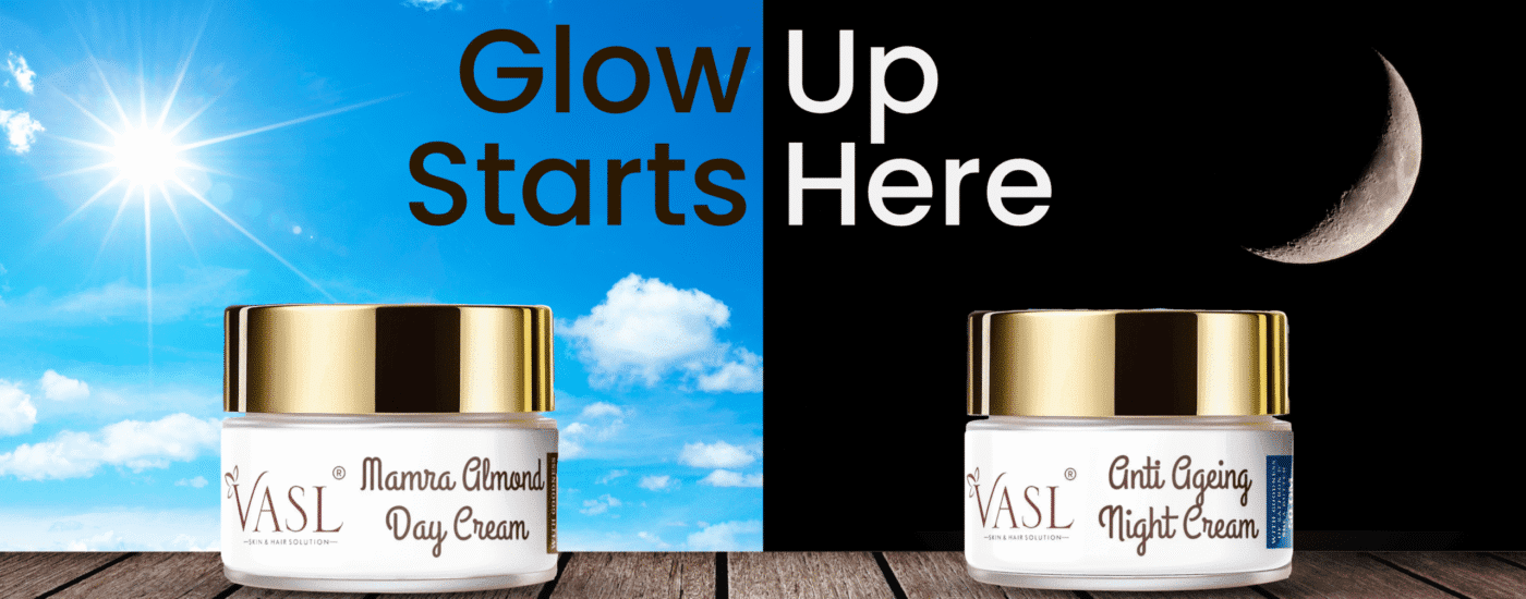 Day Cream and Night Cream placed adjacently with day and night background against respective creams