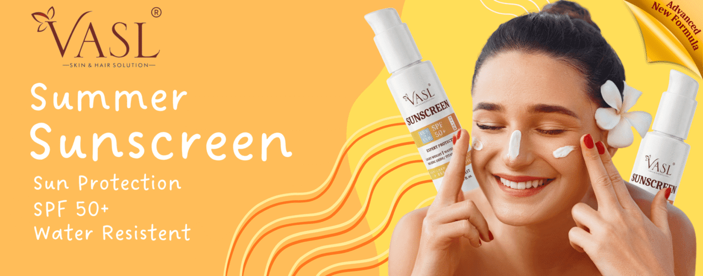 Sunscreen Banner - Vasl sunscreen being applied by a beautiful girl on face with sunscreen bottles in the background