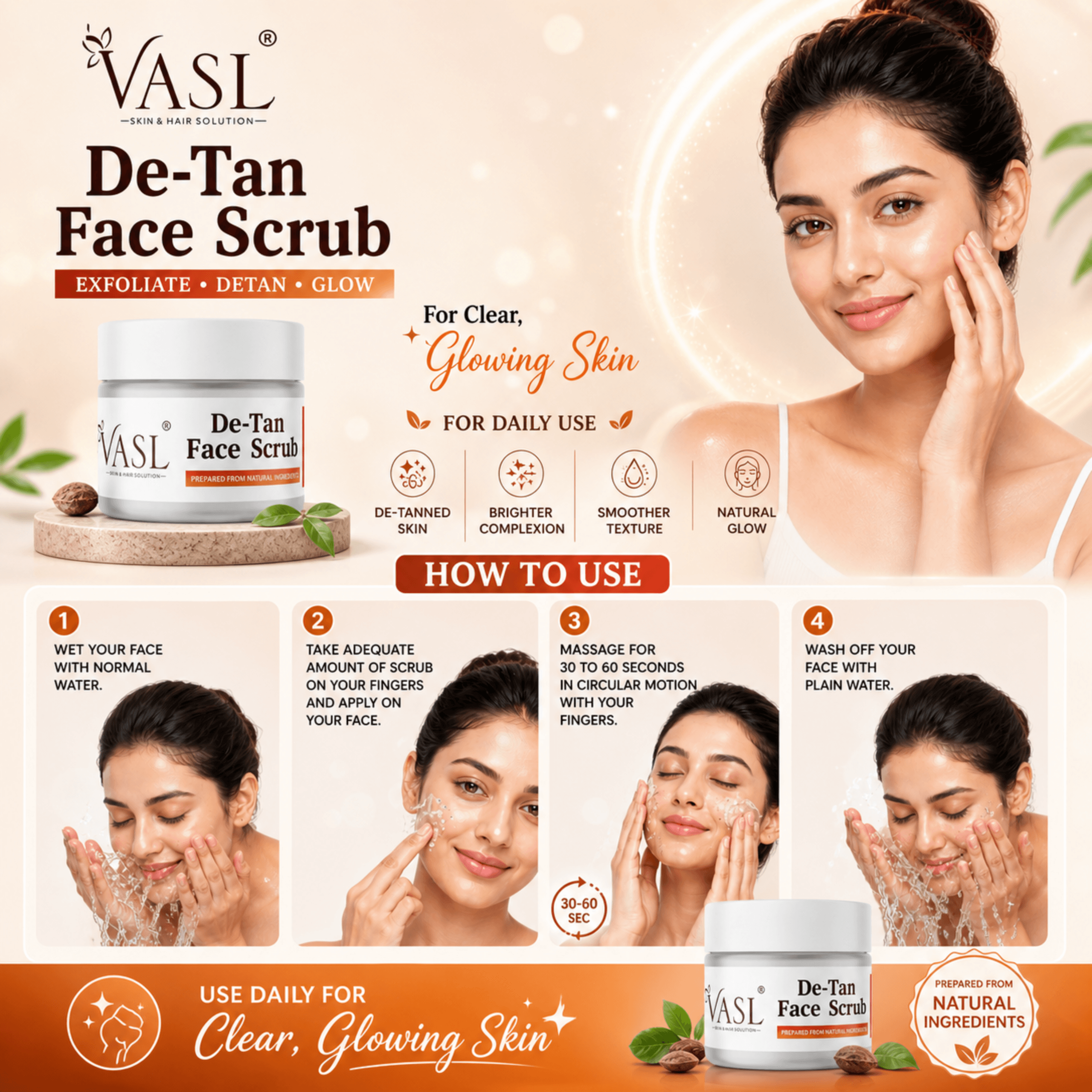 Vasl Natural De-Tan Face Scrub for Tan Removal & Skin Lightening - 200g - Image 5